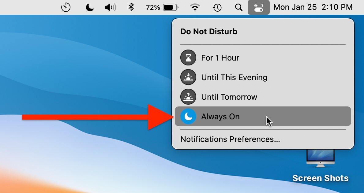 Set MacOS Do Not Disturb Mode to “Always On” Quickly from Control Center