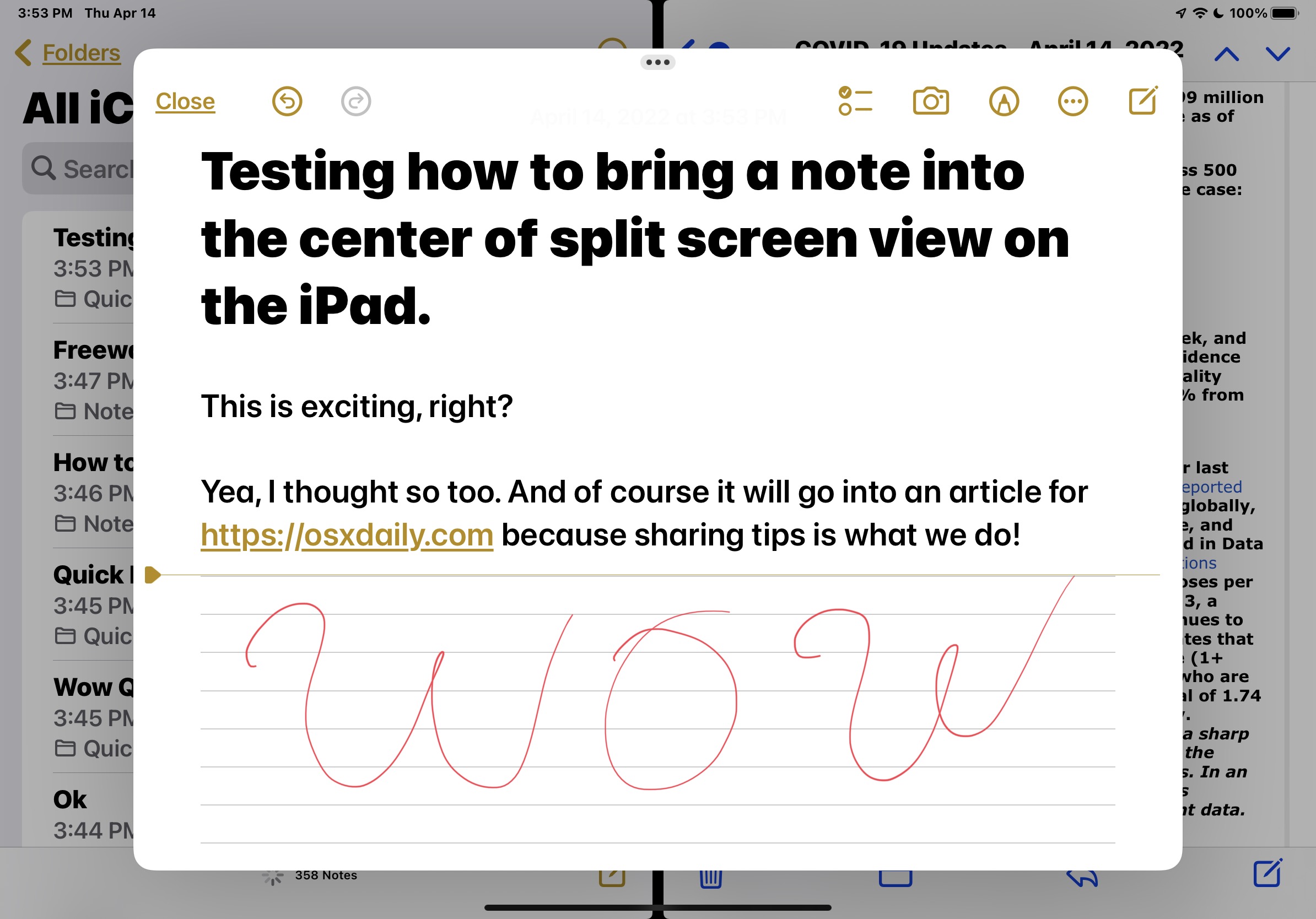 Center a Notes Window in Split View on iPad