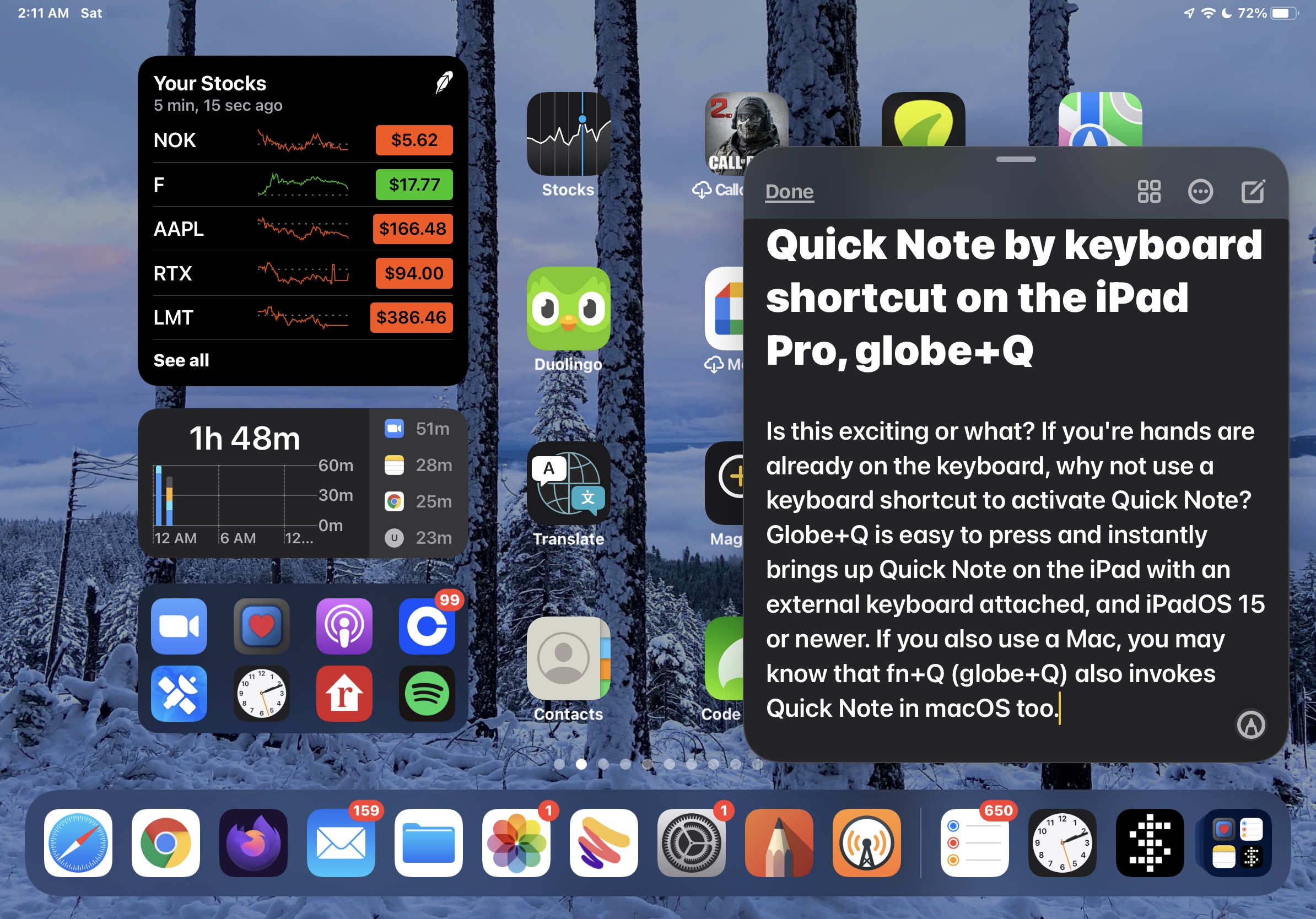 Open Quick Note on iPad with Keyboard Shortcut Globe+Q