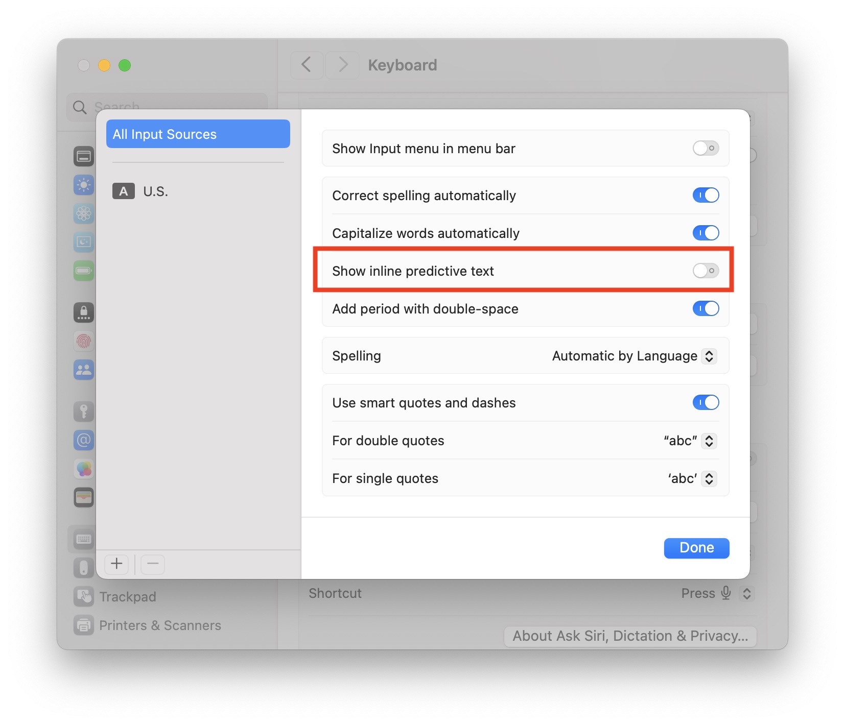 How to Disable Inline Predictive Text Typing on Mac